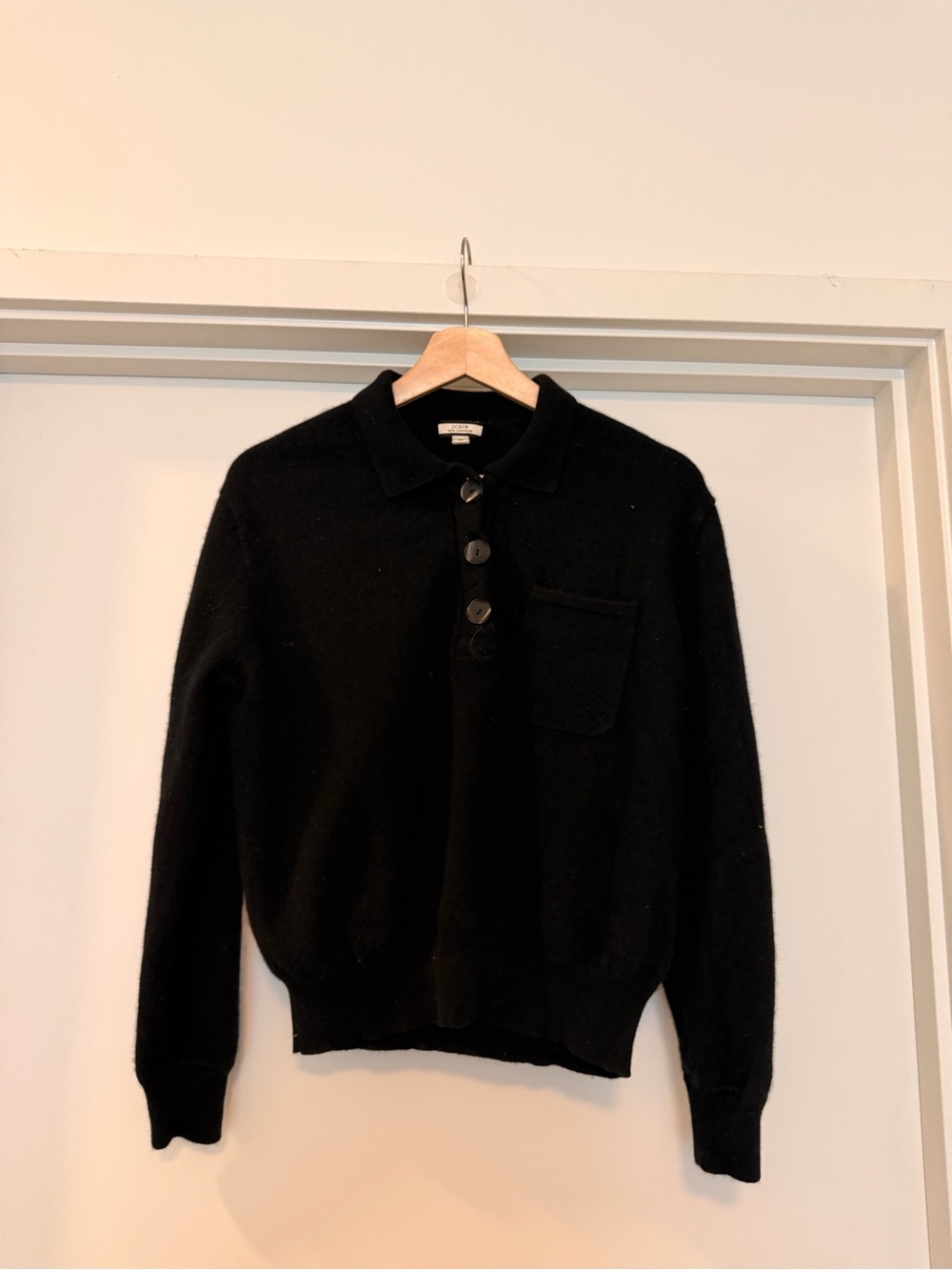 J Crew Black 100% Cashmere Button-Front Polo Sweater